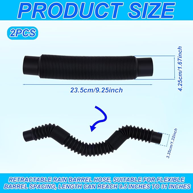 2pcs Rain Barrel Hose Connector, 1.25" D Stretchable Downspout Diverter Adapter Link 2 Rain Water Barrels for Outdoor Garden Home Use Storage More Rainwater