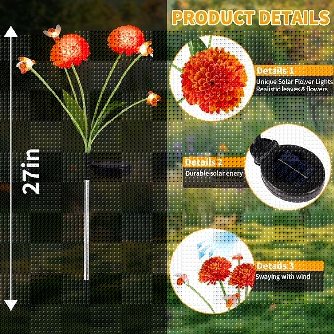 Solar Garden Lights Outdoor, 4 Pack Solar Flowers Lights with Bee, Waterproof Solar Lights Outdoor for Garden Yard, Patio, Pathway, Wedding, Festival Decor, Gift for Women, Mom Grandma