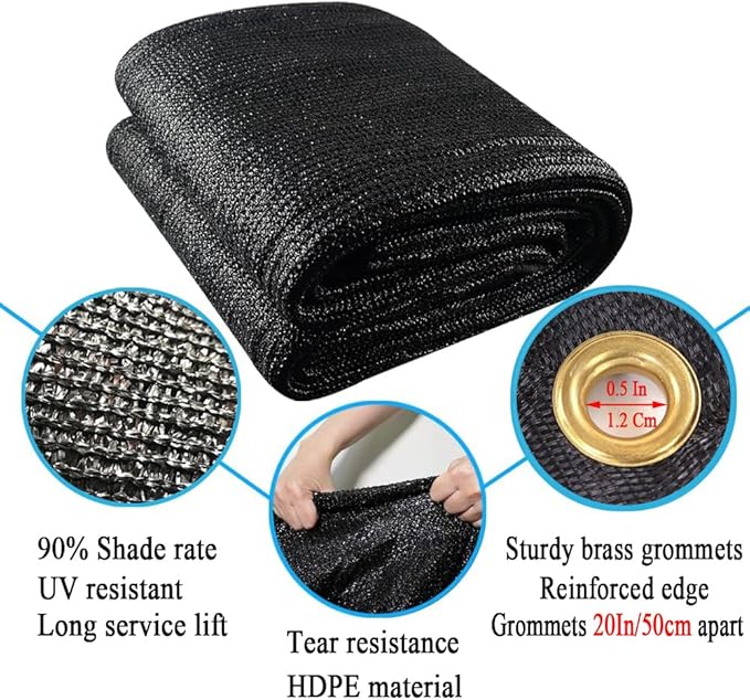 90% Black Shade Cloth, 8X25Ft Garden Sun Shade for Plant Cover, Outdoor Shade Netting with Grommets, Sunblock Mesh Tarp for Patio, Greenhouse, Pergola, Potted Plant, Chicken Coop