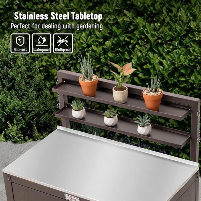 Feasto Garden Potting Bench with Storage Cabinet,Outdoor Gardening Table & Work Bench for Plants, Horticulture,Outdoor Workstation with Stainless Steel Tabletop,Outdoor Work Table with Elevated Rack