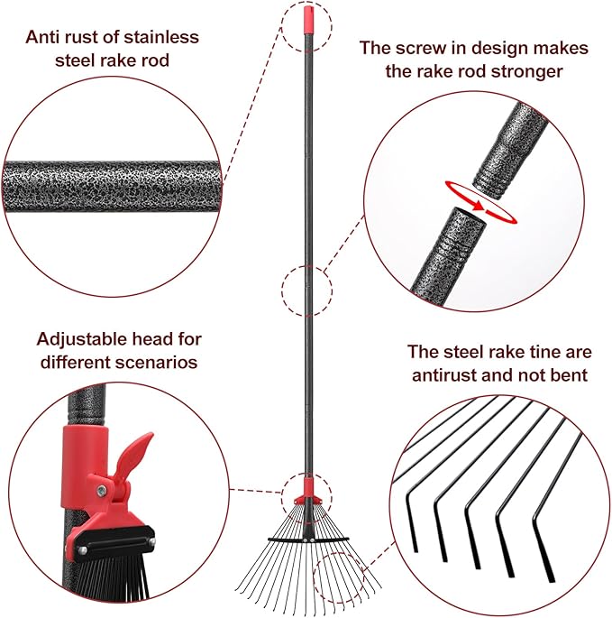 91Inch Adjustable Metal Leaf Rake, 18 Metal Tines Heavy Duty Leaves Rake for Lawns with 8-18" Expandable Head Long Handle Garden Rakes for Women Kids Leaves Yard Gardening Grass Outdoor Camping Debris