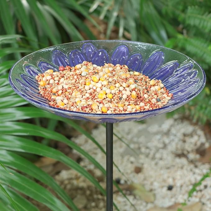 MUMTOP Bird Baths for Outdoors, Glass Bird Bath Stake, Purple Daisy Birdbaths & Support, Bee Baths for Garden, Outside, Lawn, Outdoor Decor