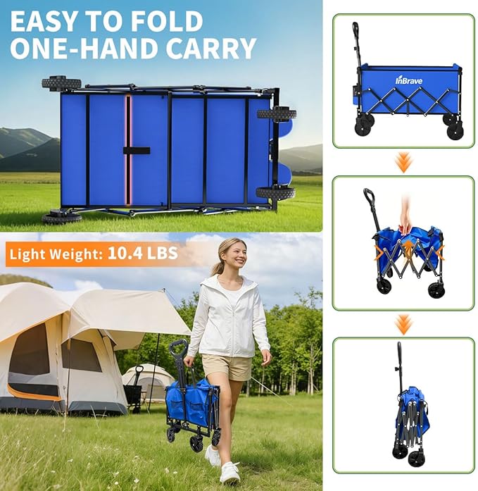Collapsible Wagon Cart, 380LBS Heavy Duty Utility Wagons with All-Terrain Wheels, Foldable Grocery Carts for Gardening, Shopping, Beach, Camping, Blue