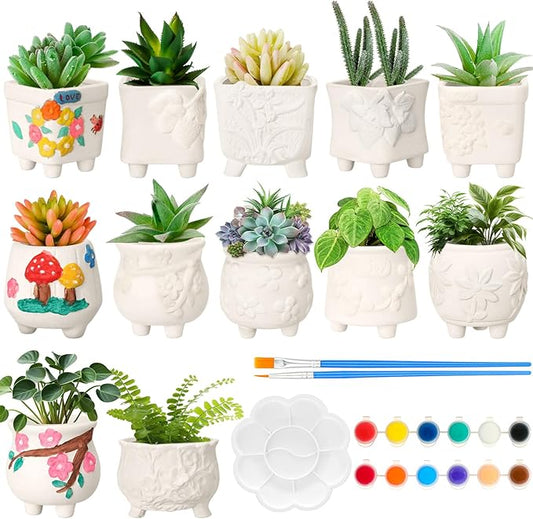 Hushee 12 Sets Ceramic Succulent Planters Paintable Succulent Plant Pots Small DIY Figurines Unpainted Pots with Drainage Hole Color Paints Paintbrushes Palettes