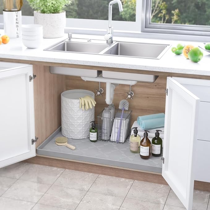 SIKADEER Waterproof Under Sink Mat 25" x 22" Silicone Mat Cabinet Protector | Heavy Duty Kitchen Cabinet Liner, Easy Press Drain, Home Essentials for Pet Feeding, Boots, Bathroom, Organizers & Storage