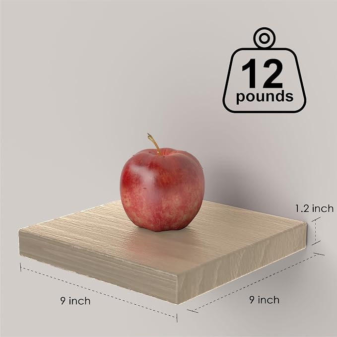 PopiShelves Small Floating Shelves for Wall - 9 Inch Square Natural Wood Shelves for Bedroom, Living Room, Bathroom, Kitchen, Office Decor Set of 3
