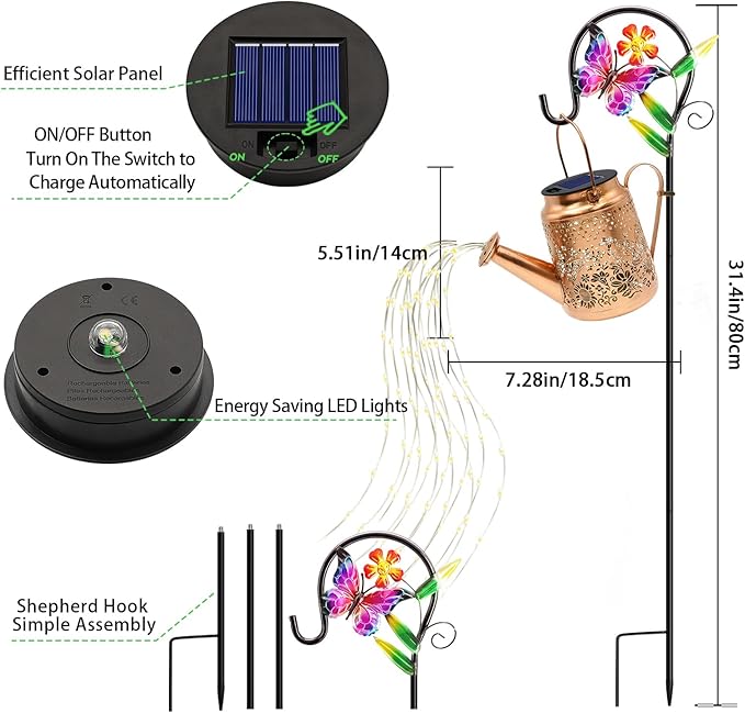 VOOKRY Solar Lights Outdoor Waterproof, Butterfly Retro Metal Solar Watering Can Lights, Gifts for Women Mom Grandma Mother's Day, Hanging Lantern Decorative Garden Decor for Outside Yard Lawn Patio