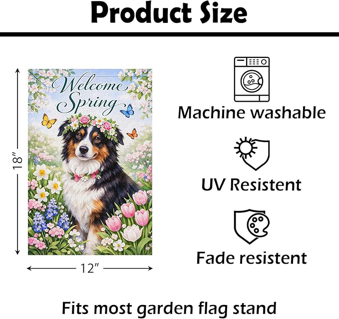 Heyfibro Welcome Spring Garden Flag 12x18 Inch Double Sided Australian Shepherd Dog Garden Flag Small Yard Flags for Outside House Farmhouse Seasonal Spring Outdoor Decorations