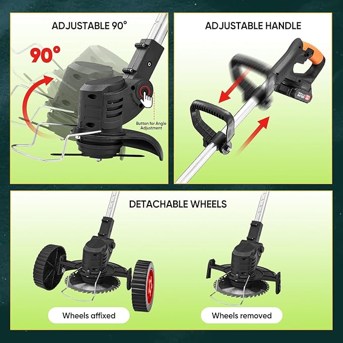 SakerPlus Wireless Weed Cutter, 24V Cordless Electric Grass Trimmer Weed Eater Wacker with 2 Batteries, 3-in-1 Lightweight Brush Cutter/Lawn Mower/Edger with Wheels & for Lawn, Garden & Yard(Black)