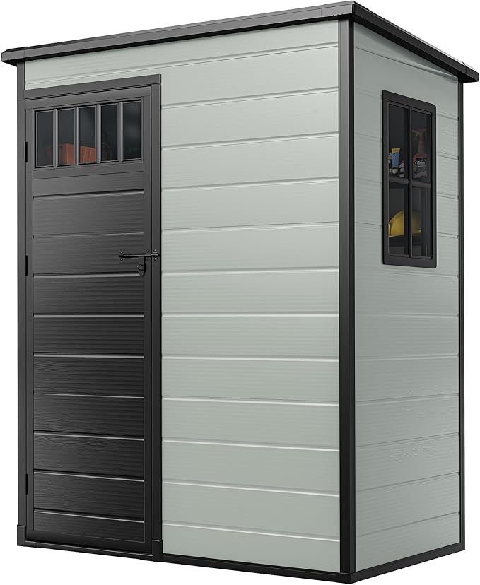 DWVO Outdoor Storage Shed 5x3FT with Fence-Style and Side Windows, Floor & Lockable Doors, Plastic Storage Shed, Storage Shed for Backyard and Garden