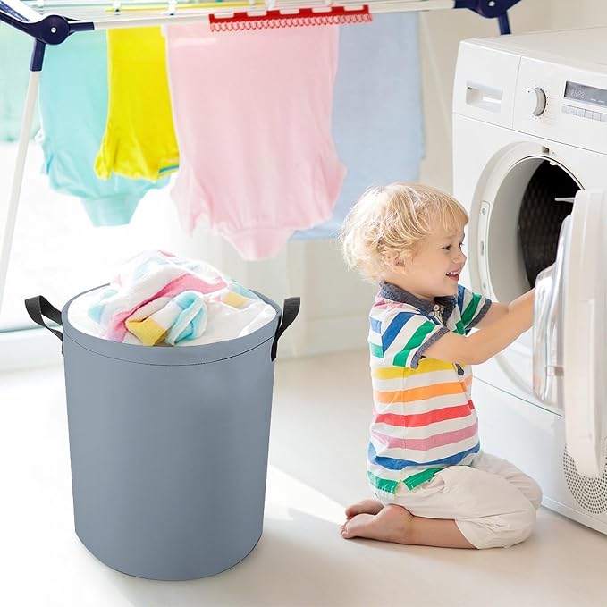 Large Laundry Hamper Bag, Dusty Blue Color Collapsible Laundry Basket with Drawstring Dirty Clothes Organizer Washing Bin for Family Essentials Storage