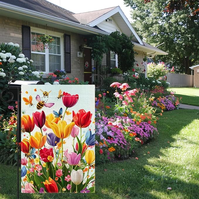 Spring Summer Tulip Garden Flag 12x18 Inch Double Sided, Colorful Welcome Yard Decor, Farmhouse Outdoor Flag for Lawn Patio Porch