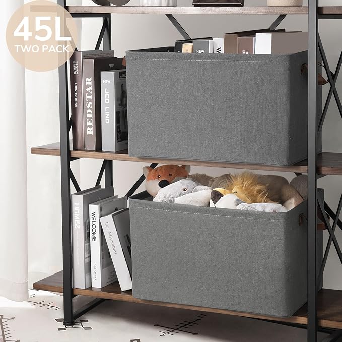 CHICVITA 45L Extra Large Fabric Storage Bins for Shelves, 2Pack, Grey | 19" L x 13" W x 11" H Storage Baskets for Clothes, Toys & Blankets, Fits Bedroom & Living Room Organization, Leather Handles