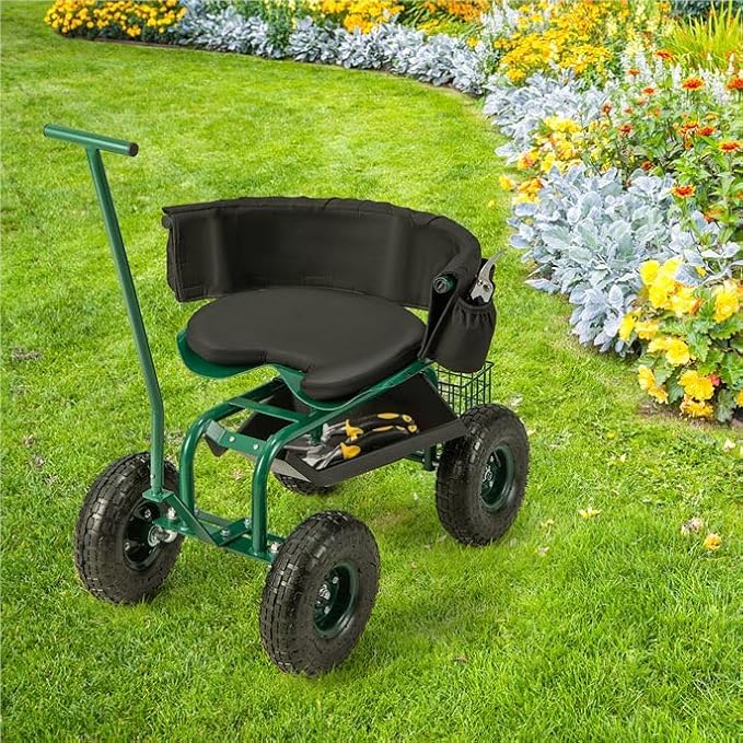 ERGOMASTER Garden Cart Rolling Workseat with Wheels,2 Steering Handles,360 Degree Swivel Seat & Tool Storage, Use for Patio, Yard, and Outdoors Workseat, Green