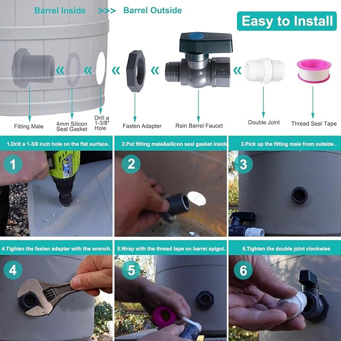 PVC Spigot Kit Rain Barrel Faucet Kit 3/4 inch Rain Barrel Valve with Bulkhead Fitting Adapter,PTFE,PVC Hose Adapter for Water Tanks,Aquariums,Tubs,Pools,Garden Barrels 1 Pack