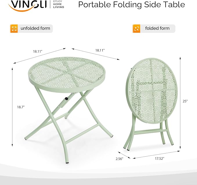 VINGLI Outdoor Folding Side Table with Chic Hollow Pattern and Durable, Rust-Resistant Coated Iron Patio Bistro Table Suitable for Indoor & Outdoor Porch, Deck, Balcony and Pool,Green