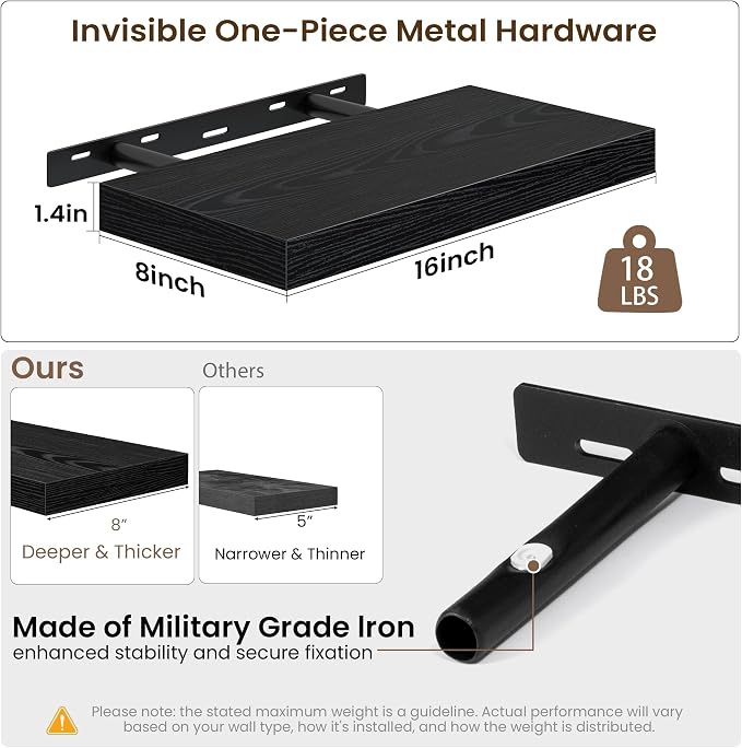 Acovy 16x8in Floating Shelves 2 Pack, Wall Mount Display Shelf, Black | Invisible Brackets, 18lb Sturdy MDF, 8in Deep Shelf, Easy Install, For Bedroom, Bathroom, Living Room, Kitchen & Office
