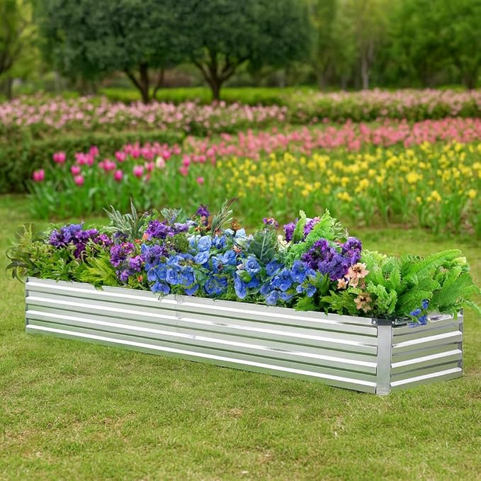 Meberam 2 Pack 6x1.5x1FT Galvanized Raised Garden Bed Kit, Outdoor Metal Planter Box for Vegetables, Bottomless Rectangular Gardening Bed with Support Rods, Tool-Free Assembly, Silver