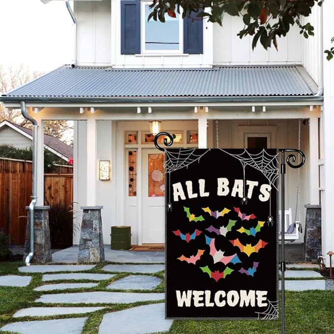 All Bats Welcome Garden Flag - Double Sided Yard Outdoor Farmhouse Lawn Porch Decor, Halloween Bats Decor, Inclusive Equality Diversity Flag, LGBTQ Pride