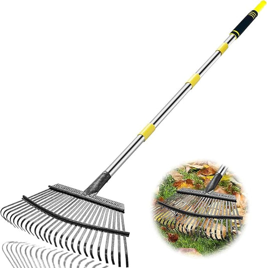 Rake Heavy Duty 6FT Long Garden Rake , 18.5 Inch Wide Leaf Rake for Lawns, 25 Metal Tines, Adjustable Stainless Steel Handle, Rakes for Leaves, Yards, Grass, Garbage, Weeds, Debris (Yellow)