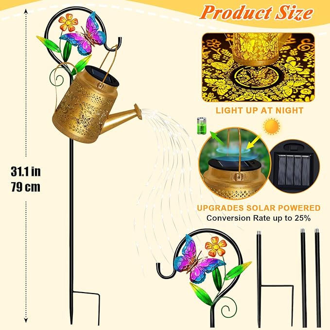 Solar Watering Can Lights Outdoor Garden Decor, Large Butterfly Hanging Lantern with Shepherd Hook, Waterproof Garden Lights for Outdoor Landscape Pathway Yard, Gift for Mom Grandma Mother Gifts