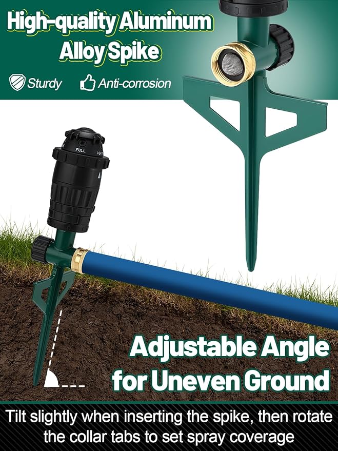 Adjustable Spray Coverage Sprinklers for Yard - Sturdy Aluminum Alloy Spike & 5 Spray Patterns Lawn Sprinkler, Efficient Irrigation System for Medium Garden Uneven Ground