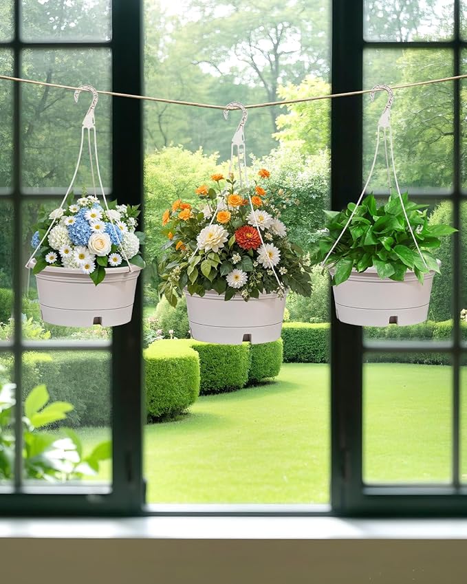VIDELLY 12 Inch Large Hanging Planters for Indoor Plants,2 Pack Plastic Hanging Basket Pots with Drainage Trays & Chain Holders for Outdoor Indoor Plants Garden Balcony Decoration (Beige White)