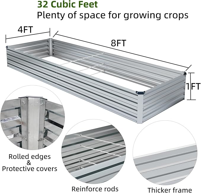 Meberam 2 Pack 8x4x1FT Galvanized Raised Garden Bed Kit, Outdoor Metal Planter Box for Vegetables, Bottomless Rectangular Gardening Bed with Support Rods, Tool-Free Assembly, Silver