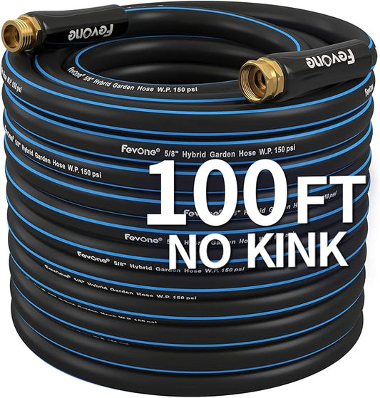 Fevone 100 ft Garden Hose Non Kinking, Flexible Water Hose, Heavy Duty Hybrid Polymer, 5/8 Inner Diameter Hose, 3/4 Brass Fittings