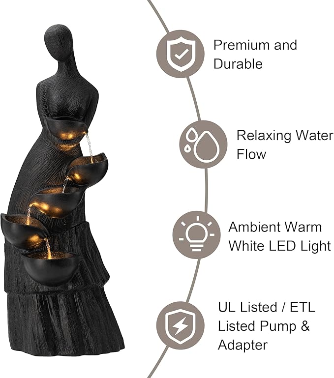 Glitzhome 5 Tier Modern Women Sculpture Outdoor Water Fountain, Indoor Outdoor Woman Statue Waterfall Fountain with LED Lights for Porch Deck Garden Patio Backyard, 39.75" H