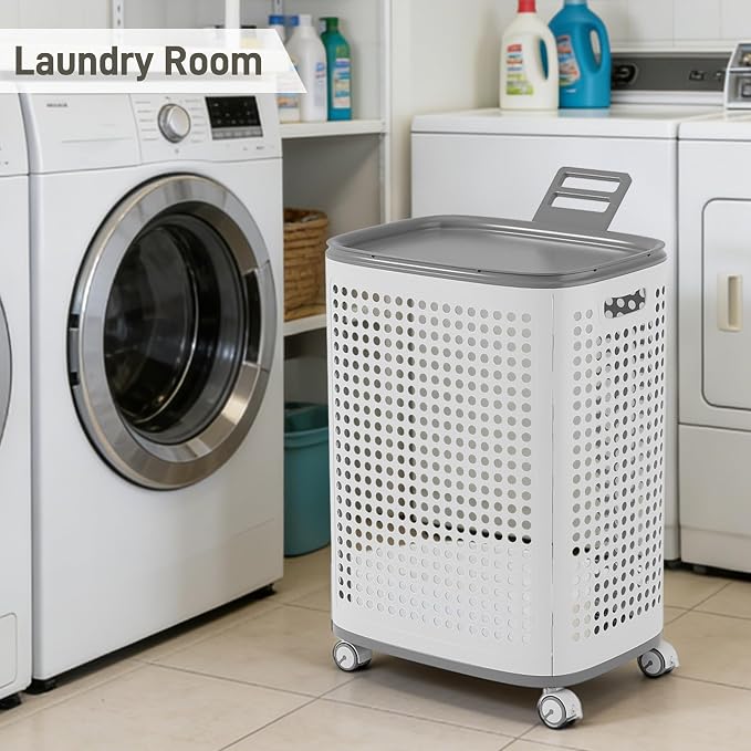 Rolling Plastic Laundry Basket with Lid, Ventilated, White (2-Pack, Large)