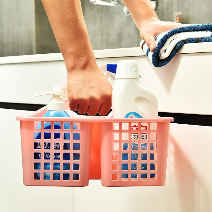ALINK Plastic Shower Caddy Basket with Compartments, Portable Divided Cleaning Supply Storage Organizer with Handle for College Dorm Bathroom - Pink