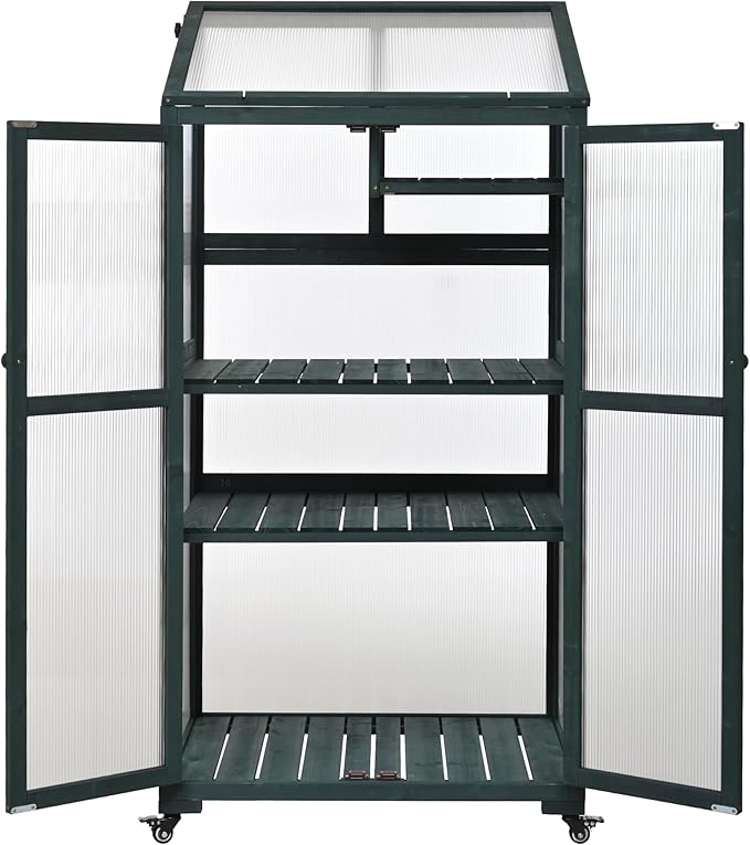 Mini 4-Tier Greenhouse with Locking Wheels, 62 Inch Height Portable Wooden Green House Cold Frame with Adjustable Shelves and Vent, Small Garden House for Outdoor Indoor, Forest Green