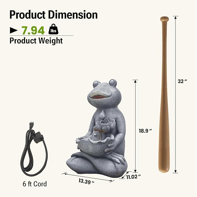 19-Inch Outdoor Water Fountain, Lively Frog Hold a Lotus Resin Waterfall Fountain with Warm LED Light, Frog Statue Water Feature for Garden, Patio, Porch, Backyard, Deck, Lawn, Balcony in Gray
