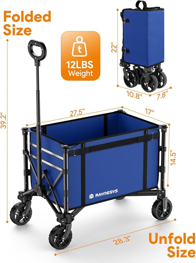 Raynesys Collapsible Wagon Cart with Wheels 220lbs Foldable Wagon 120L Shopping Cart for Groceries Folding Utility Wagon for Beach, Garden, Camping, Sport, Wheelbarrows, Indigo