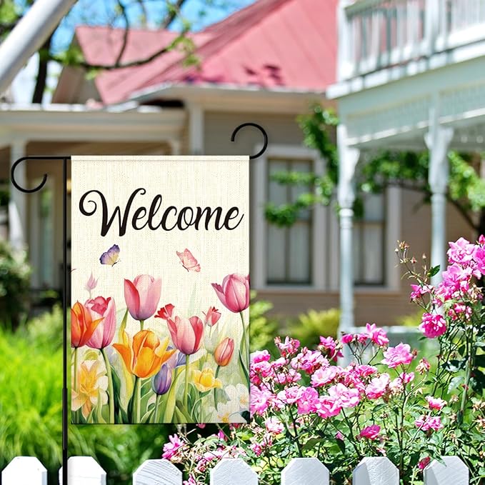 Welcome Flags for Outside,Spring Tulips Garden Flag for Yard Patio Lawn Decoration,12x18 Inch Double Sided