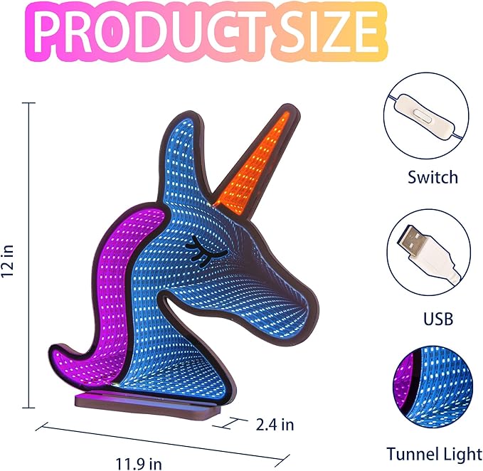 3D Unicorn Infinity Mirror Light, LED Infinity Mirror Night Light with Magical Endless Effect, USB Powered 3D LED Lights for Girls Bedroom & Kids Playroom, Gift for Kids Teens, 12"x11.9"