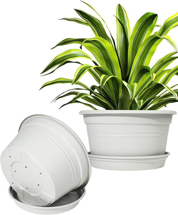 VIDELLY 13 Inch Large Flower Pots 2-Pack, Beige Plastic Planters with Drainage Hole & Tray, Indoor Outdoor Modern Plant Pots for House Plants, Garden, Patio, Office Home Decor