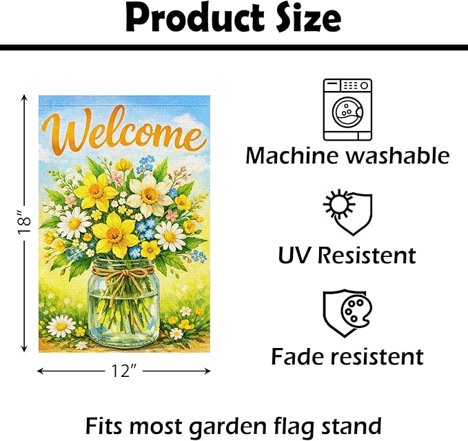 Heyfibro Hello Spring Garden Flag 12x18 Inch Double Sided Butterfly Floral Jar Garden Flag Small Yard Flags for Outside House Farmhouse Seasonal Spring Outdoor Decorations