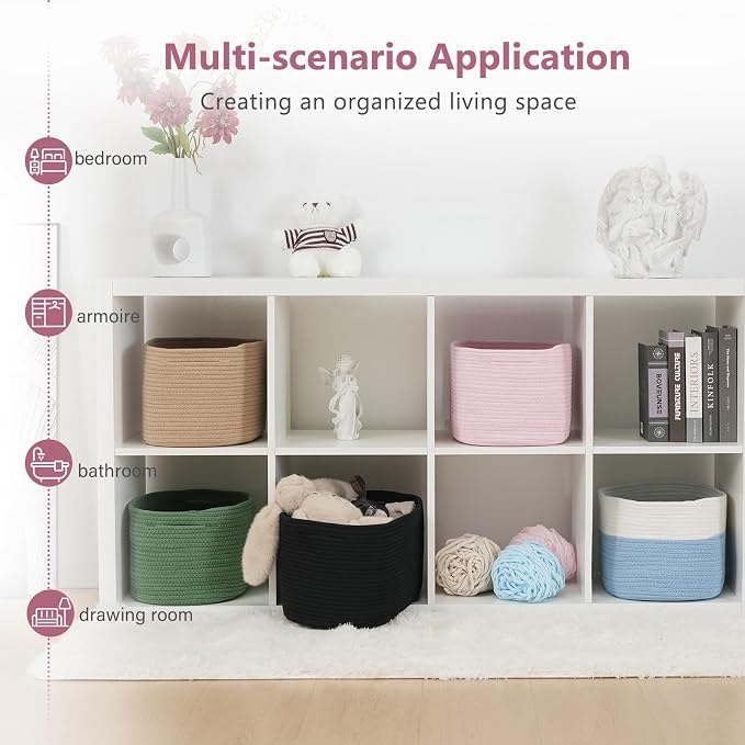 ECDYQXVU 15x10x9 Inch Woven Cotton Rope Storage Basket, 3 Pack | Foldable Design, Built-in Handles, Space-saving Organizer for Living Room, Bedroom, Laundry, Shelves, Clothes, Towels