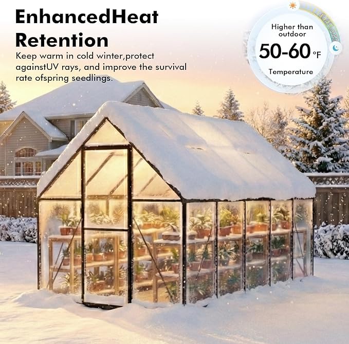 6×10FT Greenhouse for Outdoors, Walk-in Greenhouse and Winter Garden Planting, Polycarbonate Greenhouse with Electronic Thermometers, Withstands Strong Wind or Snow to Protect Vegetable or Plants