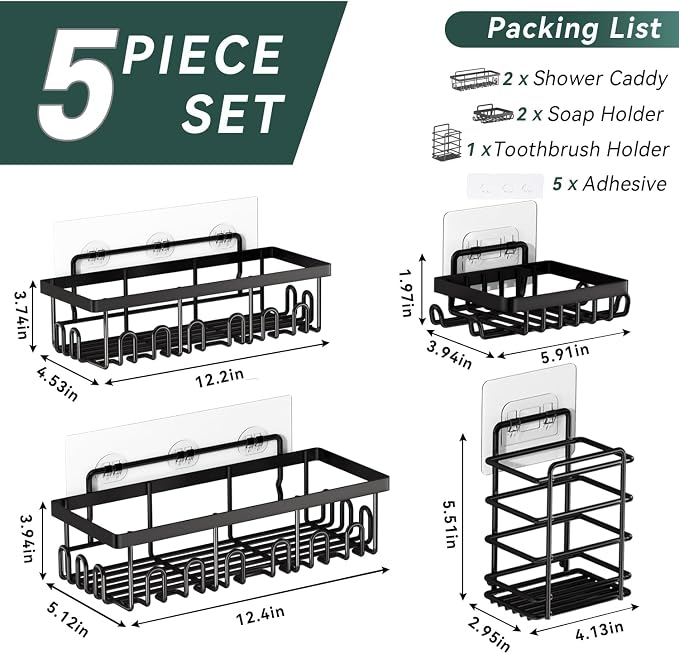 5-Pack Adhesive Shower Caddy for Bathroom & Home Decor Black
