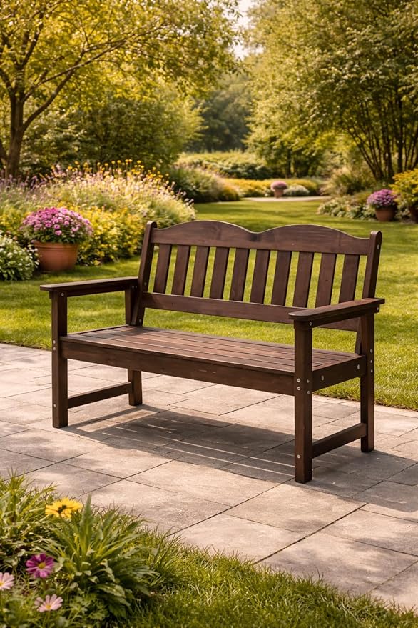 GarveeLife 2-Person Poly Lumber Garden Bench, Slatted Patio Loveseat, Weather-Resistant Outdoor Seating for Yard, Garden, Porch, Park or Backyard, Brown