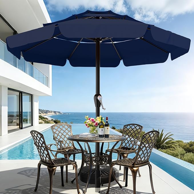 AreShark 12FT 3-Tiers Patio Umbrella with Valance, Outdoor with Crank, Large Outdoor Market Umbrellas Vented with 8 Sturdy Ribs, Patio Table Umbrellas for Garden, Deck, Backyard, Pool, Navy