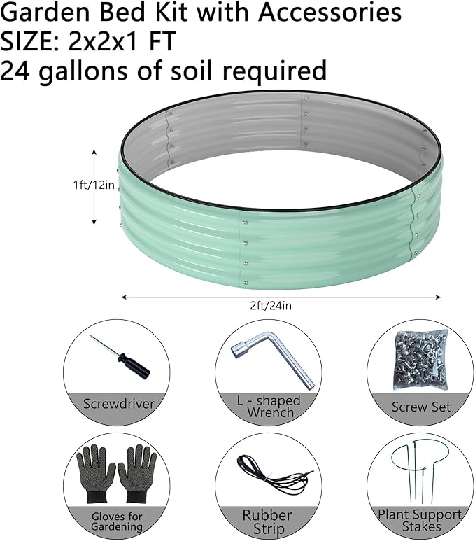 ZFHgarden Galvanized Metal Planter Round Raised Garden Bed Kit for Gardening Outdoor，2x2x1ft Grow Garden Box Raised Flower Bed，Round Galvanized Planter Outdoor Metal Fire Pit Ring Green