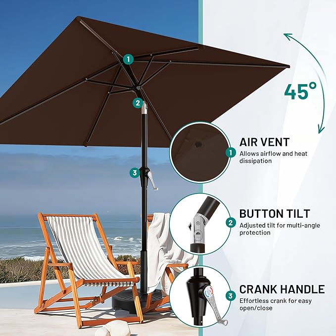 AreShark 6.5' x 10' Rectangular Patio Umbrellas for Outdoor, Outdoor Table Umbrella, Large Outdoor Patio Umbrellas with 6 Sturdy Ribs for Pool, Garden, Deck & Market (Brown)