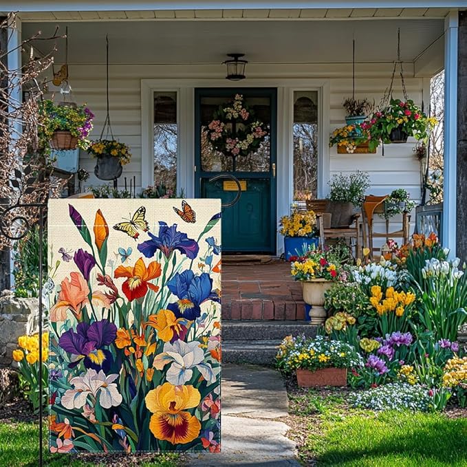 Iris Garden Flag 12x18 Double Sided, Spring Floral Welcome Yard Decor, Farmhouse Outdoor Flag for Lawn Patio Porch