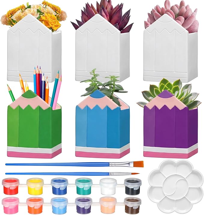 Beeveer 6 Sets Paint Your Own Succulent Planter Shaped Ceramic Mini Unpainted Flower Pots DIY Paintable Succulent Plant Pots for Kids Classroom DIY Craft Project Activity (Pencil)