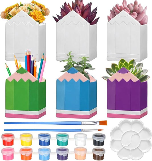 Beeveer 6 Sets Paint Your Own Succulent Planter Shaped Ceramic Mini Unpainted Flower Pots DIY Paintable Succulent Plant Pots for Kids Classroom DIY Craft Project Activity (Pencil)