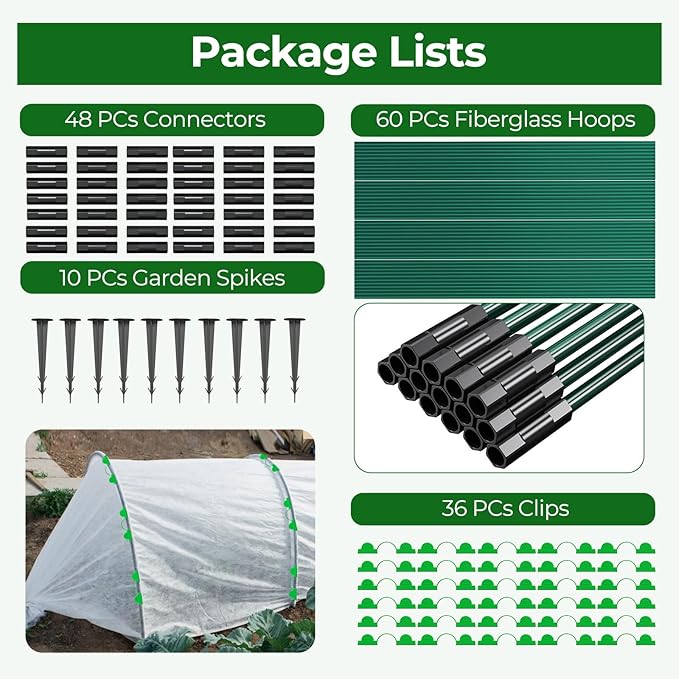 60Pcs Garden Hoops for Raised Beds, 12Sets Greenhouse Hoops Grow Tunnel, Rust-Free Fiberglass Support Hoops Frame for Netting Shade Cloth Cover, DIY Plant Support Garden Stakes